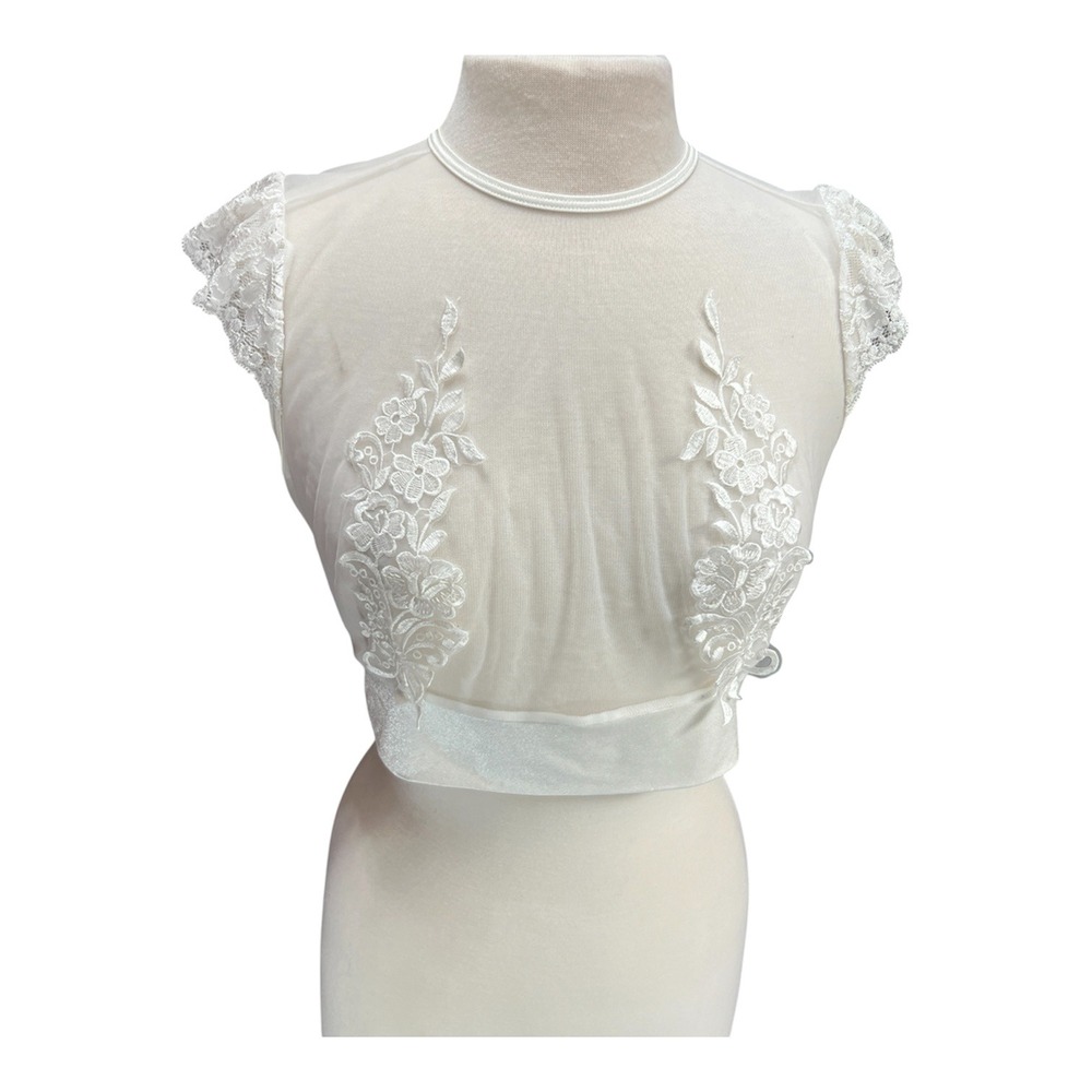 Y2K SOH Sheer Mesh Floral Embroidered Lace Crop Top XL Coquette Festival Bridal